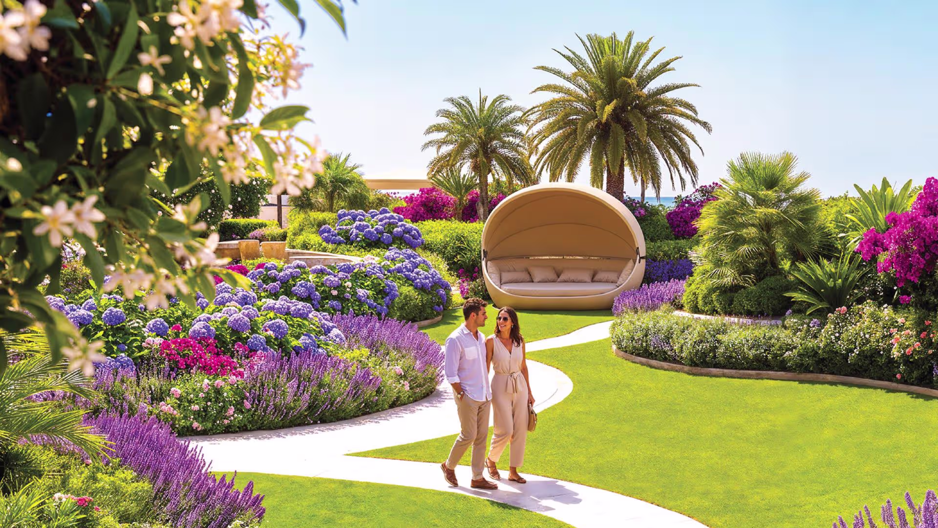 Cabana seating by the pool at Shahrukhz Residences by Danube, Dubai Maritime City