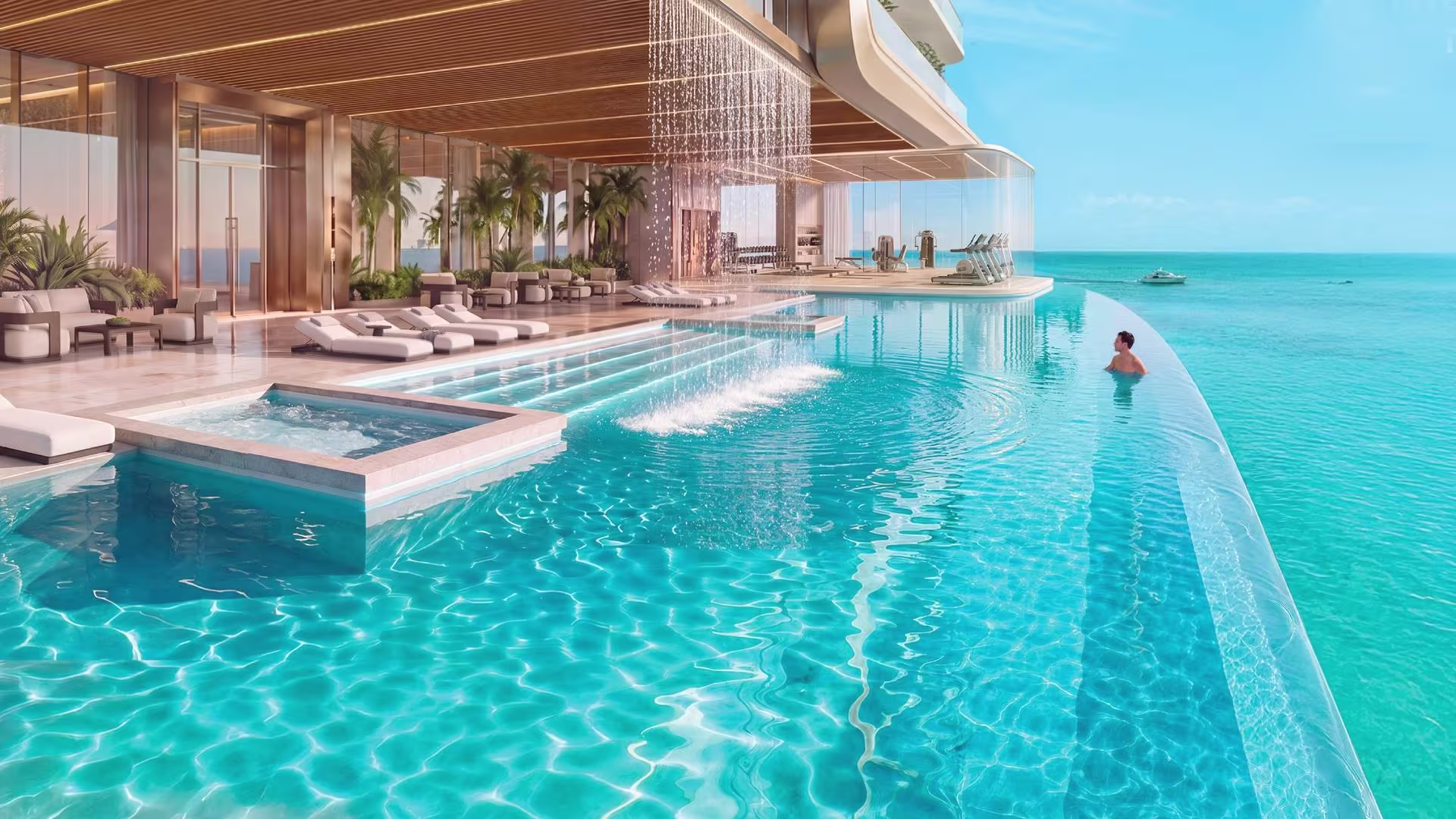 Infinity pool at Shahrukhz Residences by Danube overlooking the sea in Dubai Maritime City