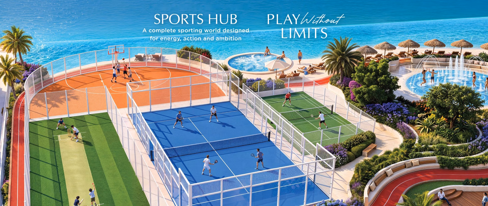 Sports Hub with padel court, basketball court and cricket pitch at Shahrukhz Residences by Danube, Dubai Maritime City